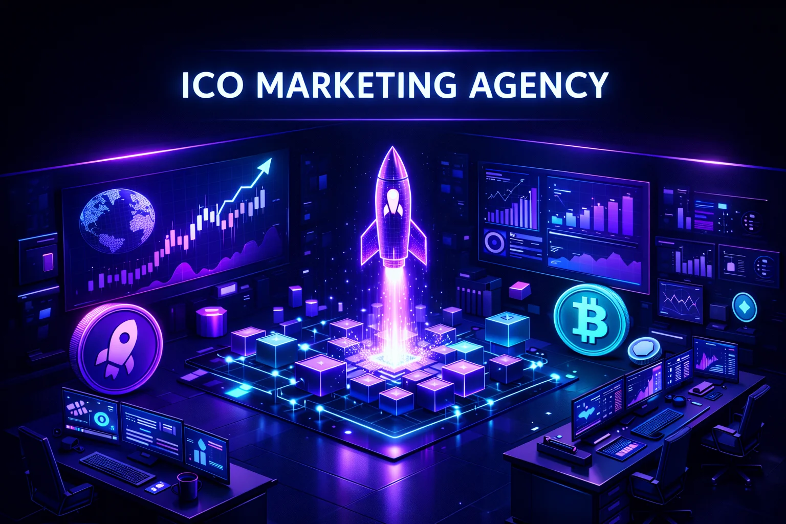 futuristic crypto marketing command center with glowing blockchain elements