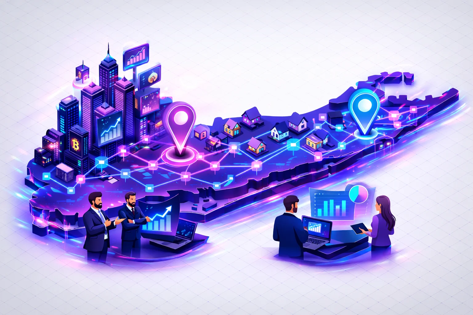 3D isometric illustration of Long Island crypto marketing networks