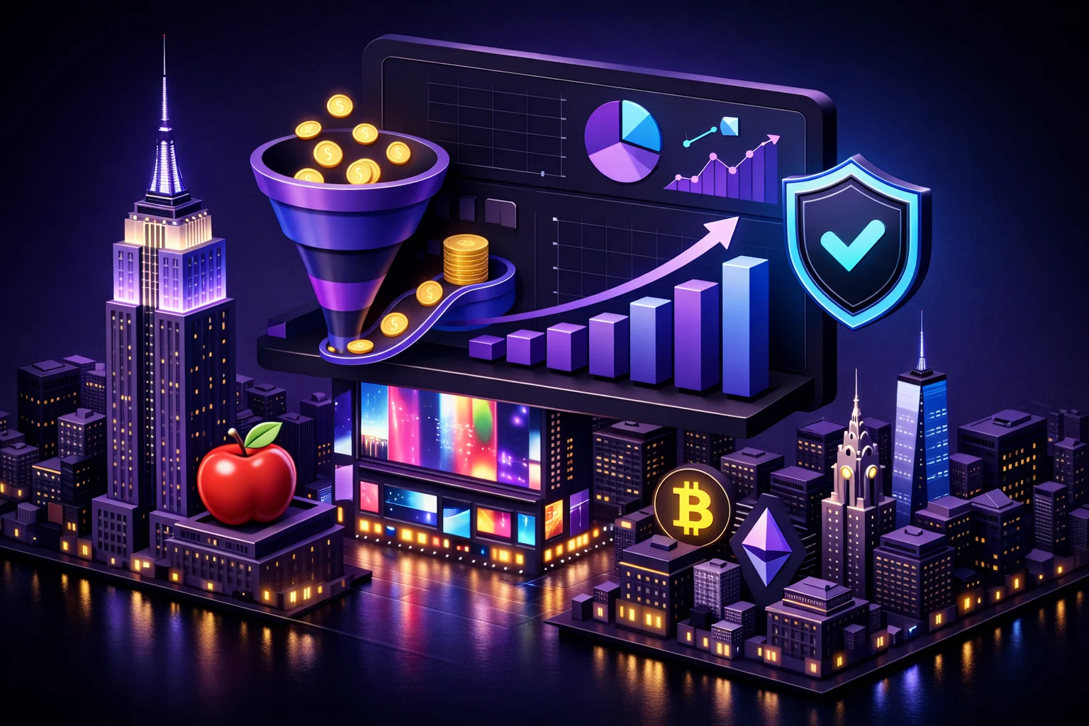 3D isometric New York crypto marketing strategy dashboard