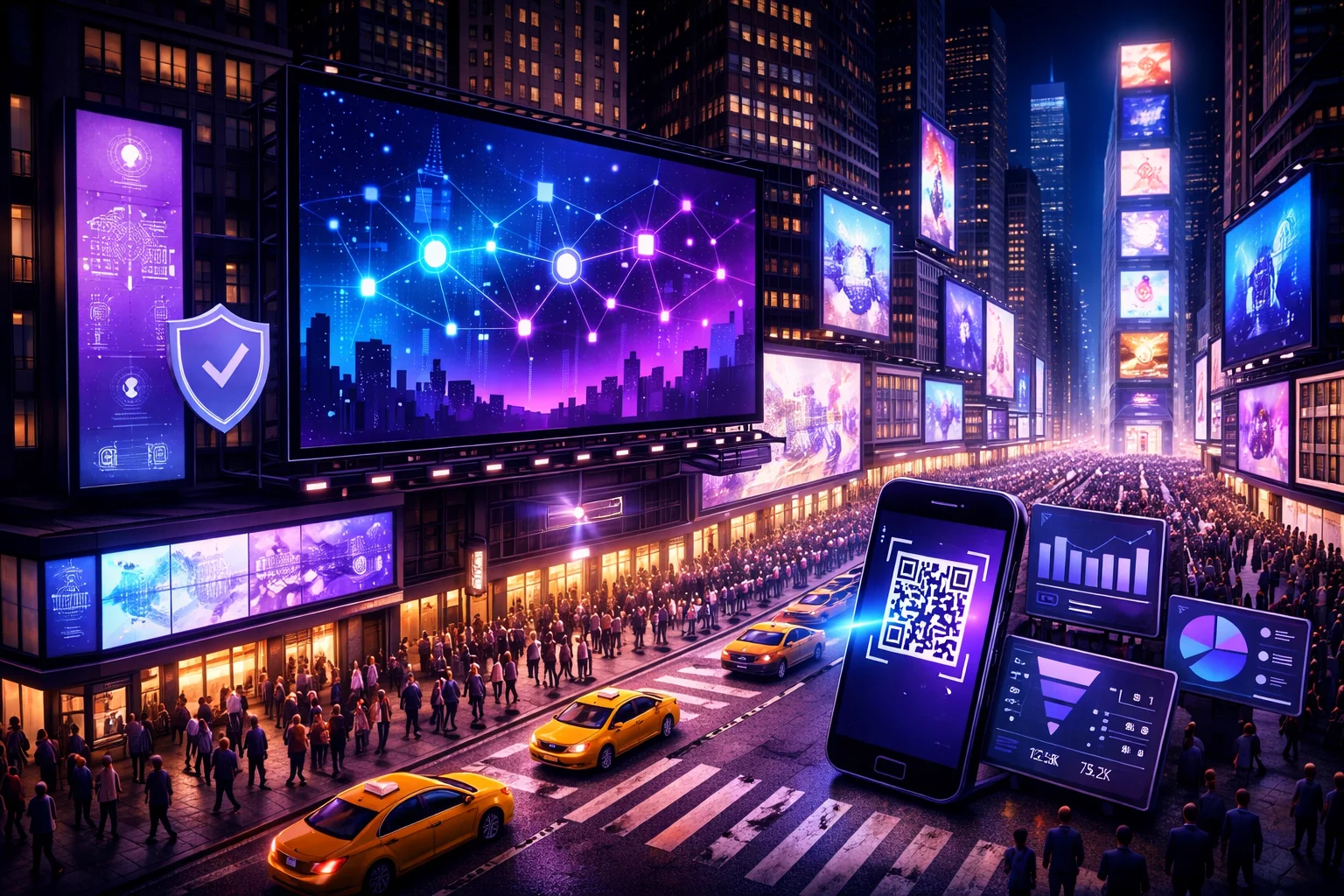 3D isometric NYC crypto billboard advertising scene with tracking and compliance visuals