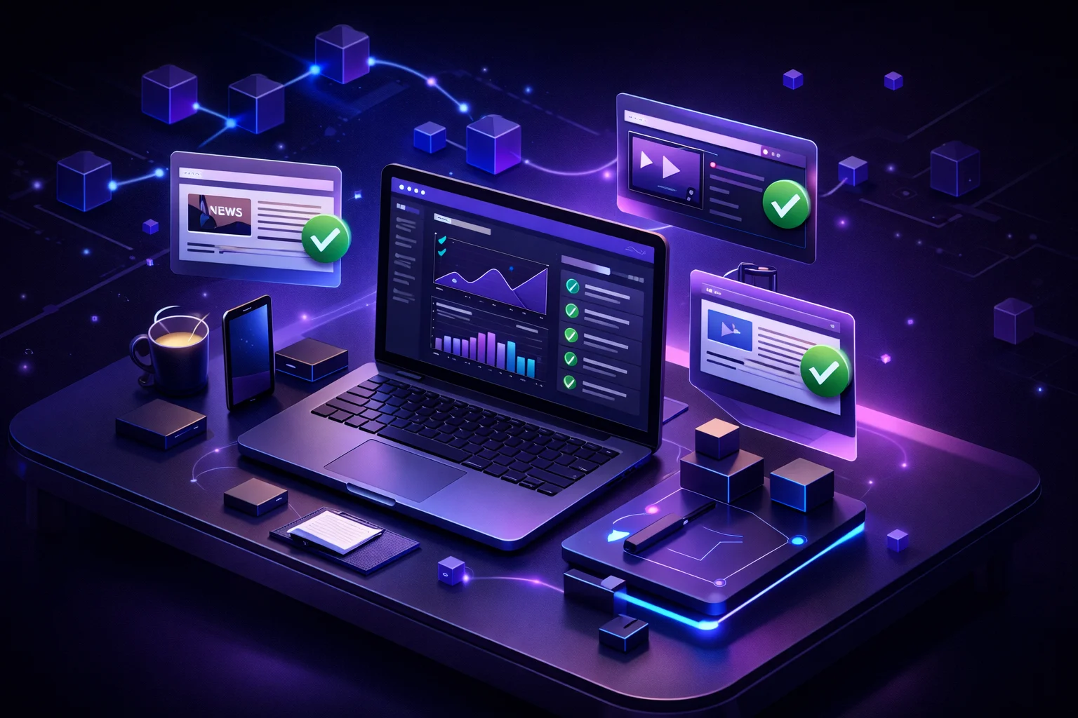 3D isometric crypto media placement dashboard with published articles