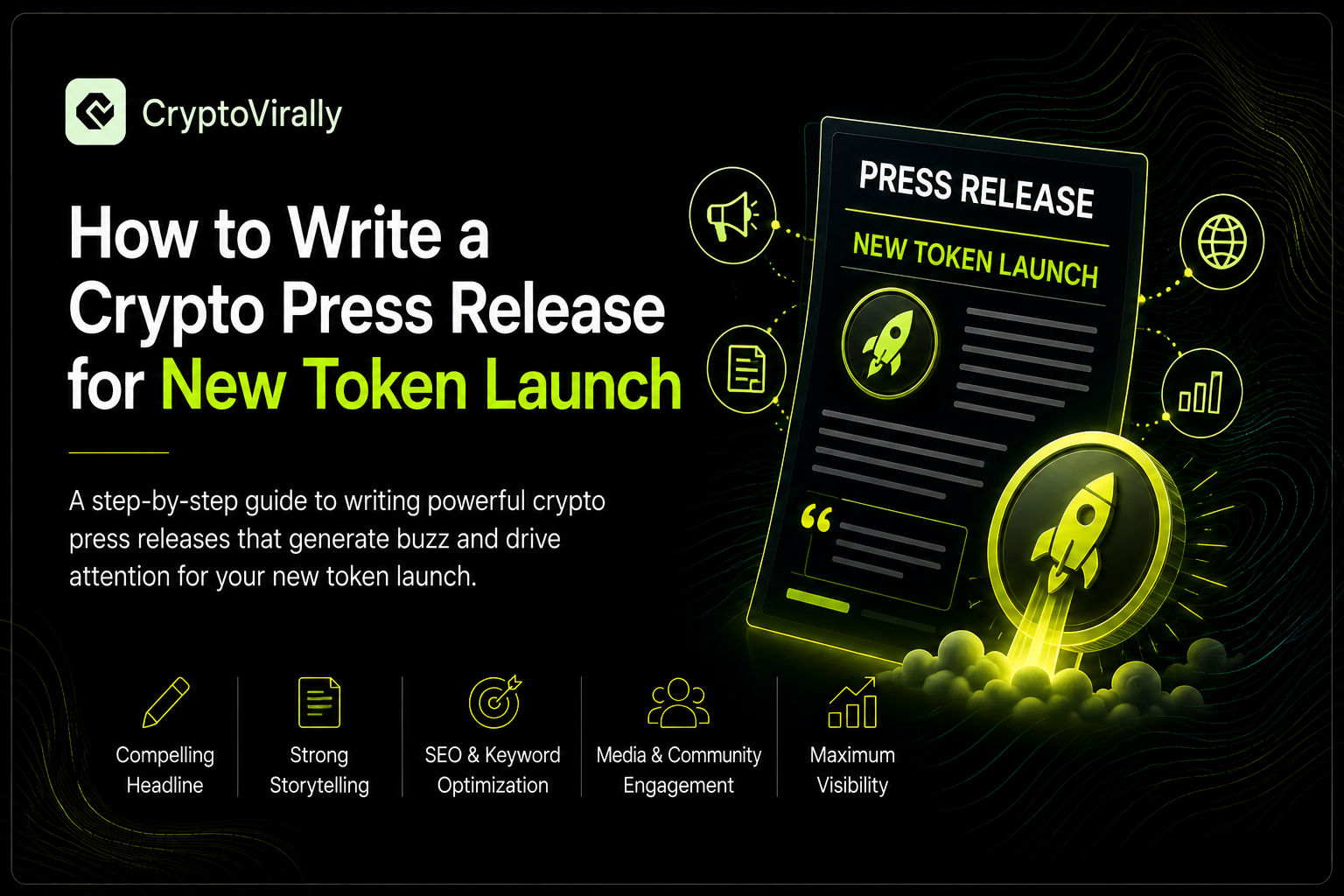 An illustration depicting the launch of a new token through a press release How to Write a Crypto Press Release for New Token Launch